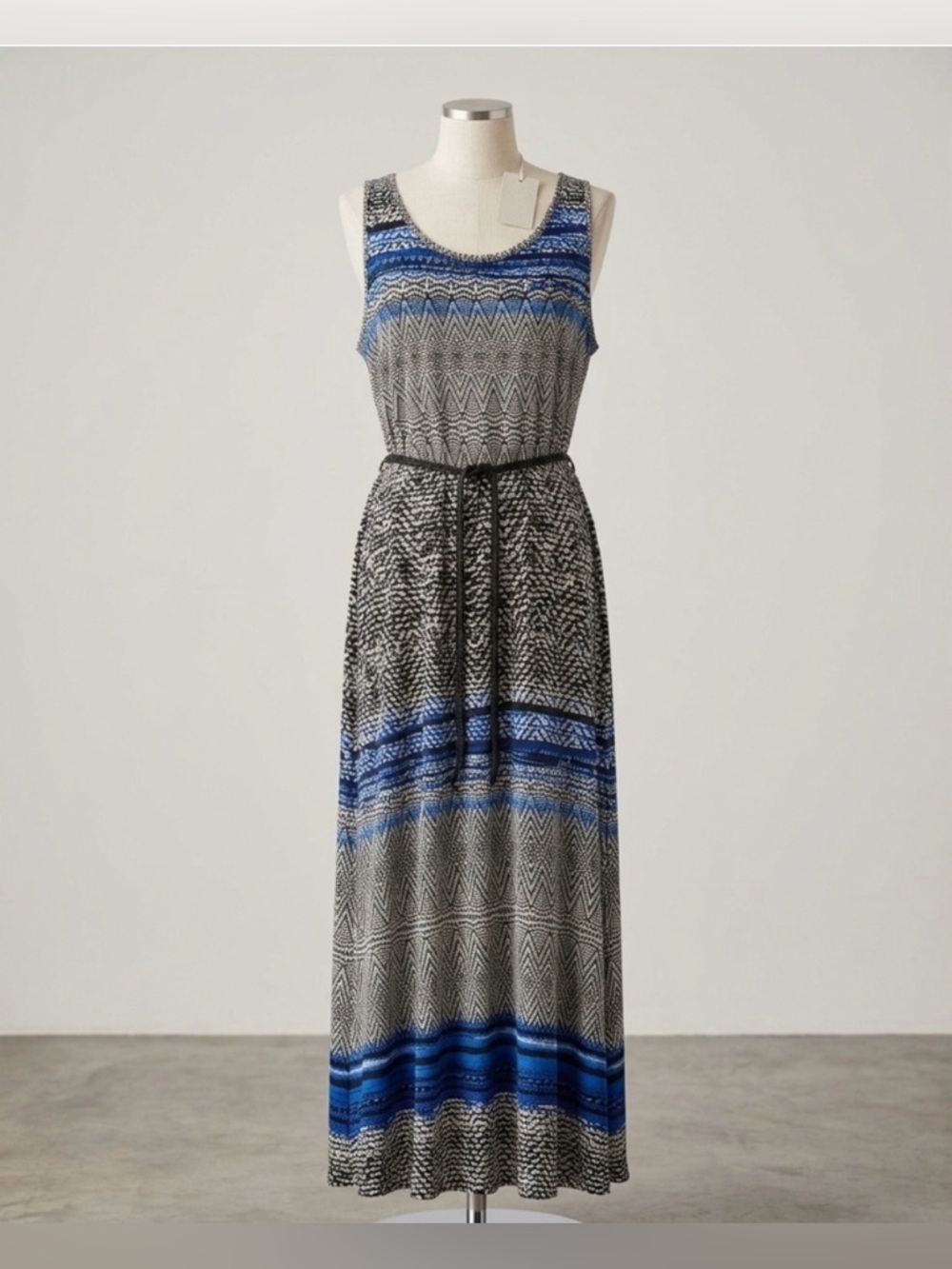 Fever Blue and Black Geometric Elastic Waist Maxi Dress